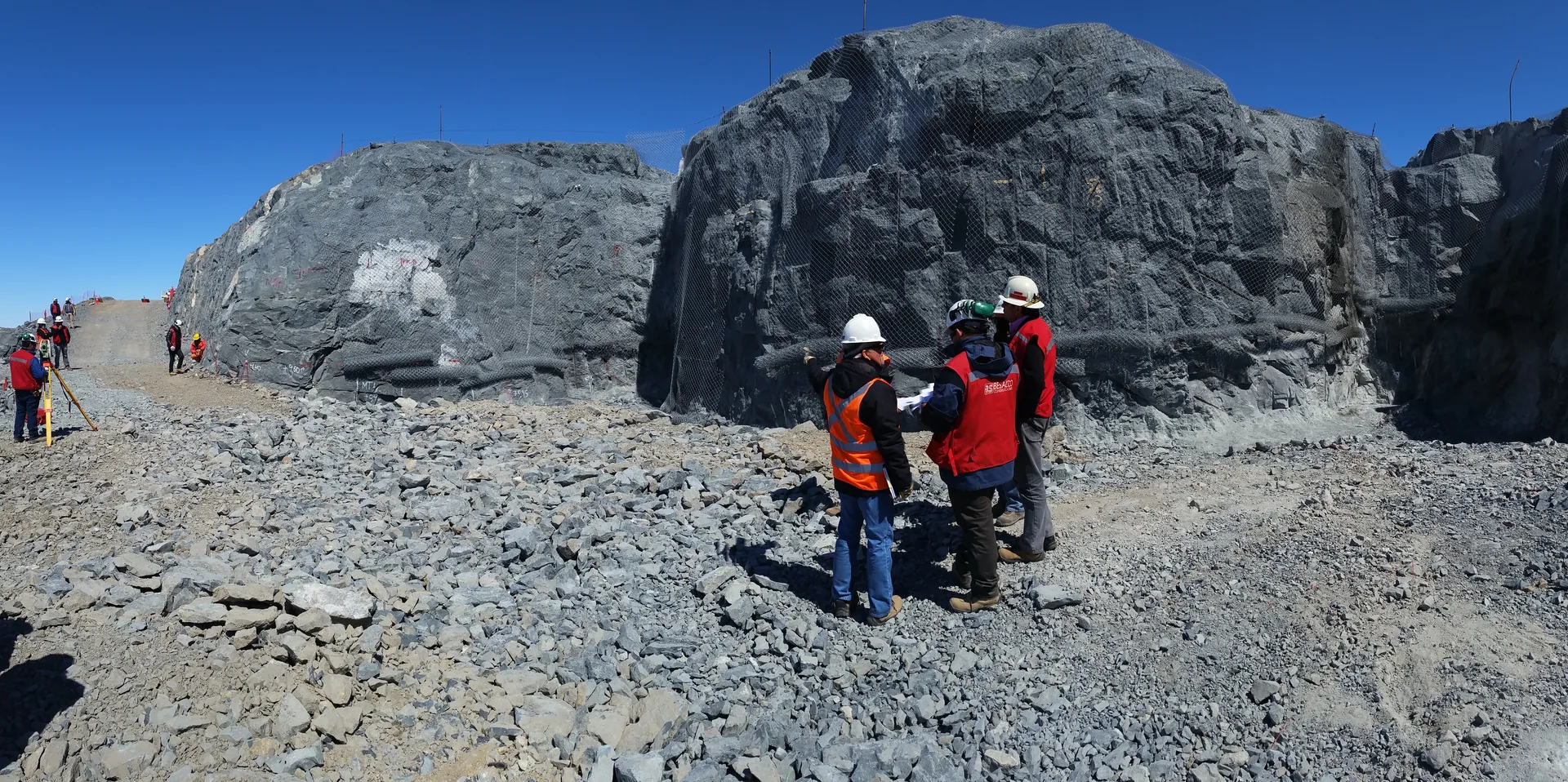 Engineering team reviewing construction works on site